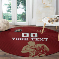 Red round rugby rug with 'YOUR TEXT' and player line art, 00 icon