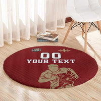 Red round rugby rug with 'YOUR TEXT' and player line art