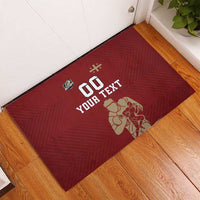 Red customizable rugby doormat with '00' and 'YOUR TEXT' and rugby player graphic