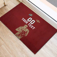 Red rugby doormat with '00 YOUR TEXT' and rugby player silhouette graphic