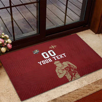 Red rugby doormat with '00 YOUR TEXT' and player holding ball graphic