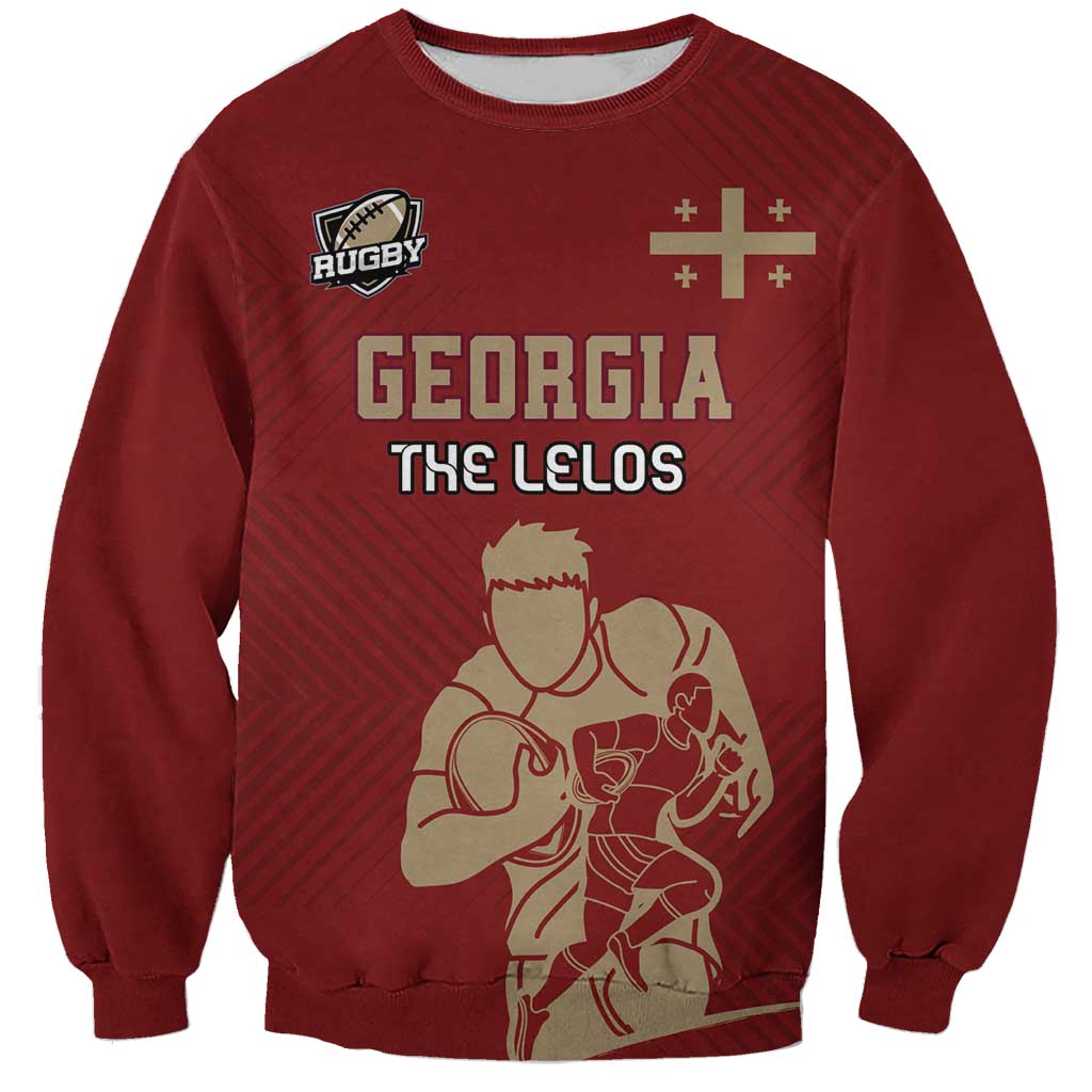 Red crewneck rugby sweatshirt with Georgia Lelos print and long sleeves