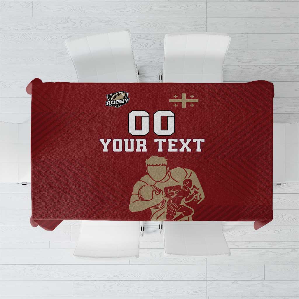 Red customizable rugby tablecloth showing “YOUR TEXT” with rugby and cross icons