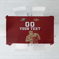 Red customizable rugby tablecloth showing “YOUR TEXT” with rugby and cross icons