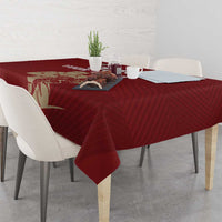 Red rugby tablecloth with gold emblem print and matching corner drop