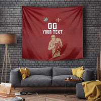 Red rugby tapestry with 'YOUR TEXT', '00', and illustrated rugby players