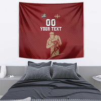 Red rugby tapestry showing 'YOUR TEXT' and '00' with a rugby player graphic