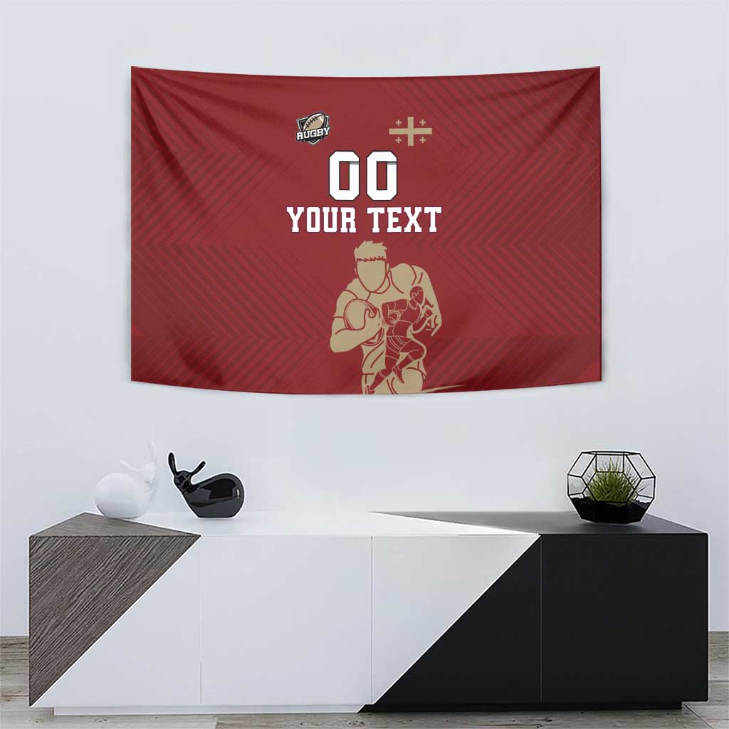 Red rugby tapestry with centered '00' and 'YOUR TEXT' over a rugby player illustration