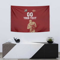 Red rugby tapestry with centered '00' and 'YOUR TEXT' over a rugby player illustration