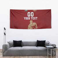 Red rugby tapestry with 'YOUR TEXT' and '00' plus a rugby player illustration
