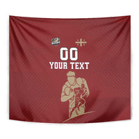 Red rugby tapestry close-up with 'YOUR TEXT', '00', and rugby player graphic