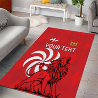 Red area rug with lion emblem and custom text, rectangular