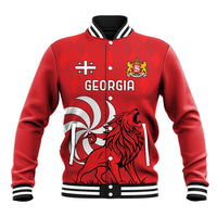 Red baseball jacket with striped collar, GEORGIA front graphic and lion crest