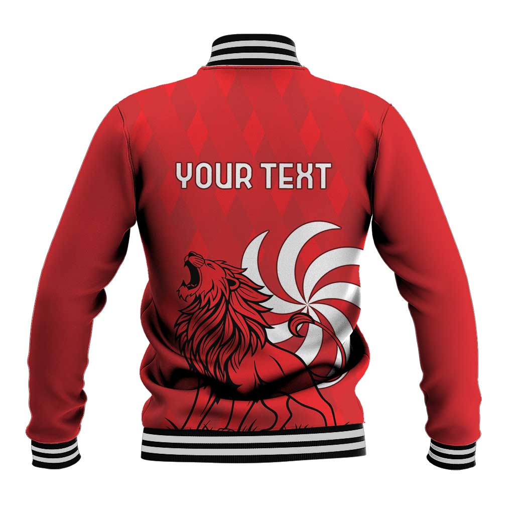 Red baseball jacket with striped collar, back print with YOUR TEXT and lion emblem