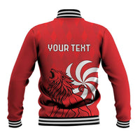 Red baseball jacket with striped collar, back print with YOUR TEXT and lion emblem