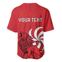 Red baseball jersey back with centered "YOUR TEXT" and lion head graphic