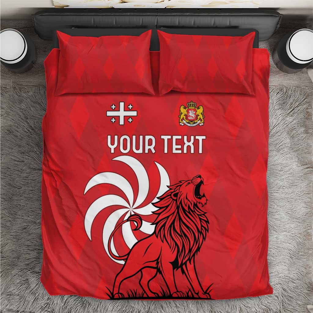 Red personalized bedding set with lion graphic, “YOUR TEXT,” and two matching pillowcases