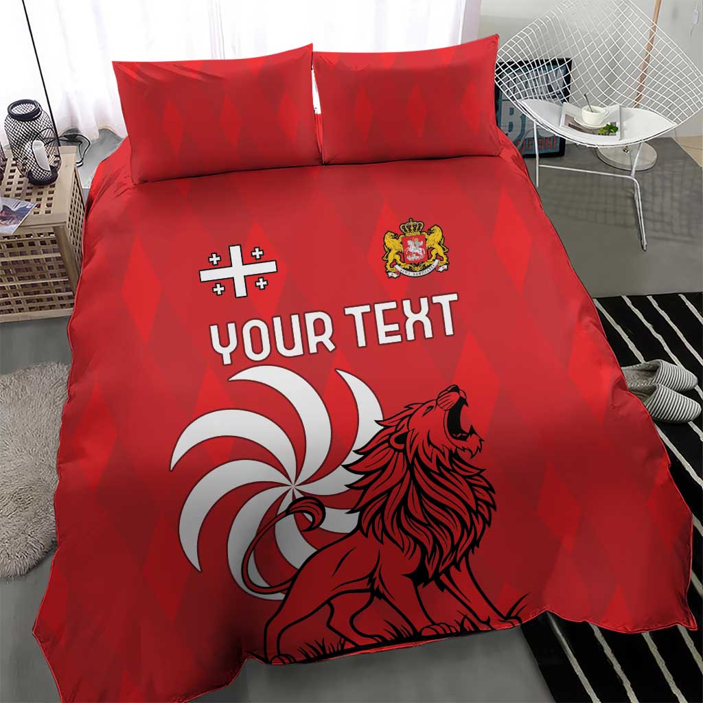 Red personalized bedding set with lion graphic, “YOUR TEXT,” and two top pillowcases