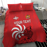 Red personalized bedding set with lion graphic, “YOUR TEXT,” and two top pillowcases
