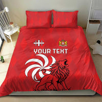 Red personalized bedding set with lion emblem and “YOUR TEXT” print, two pillowcases