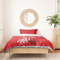 Red personalized bedding set with lion graphic, “YOUR TEXT,” and matching duvet pillows