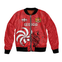 Red bomber jacket, black ribbed collar and cuffs, zip front, Georgia lion graphic