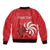 Red bomber jacket back, black ribbed hem and cuffs, lion graphic with 'YOUR TEXT'