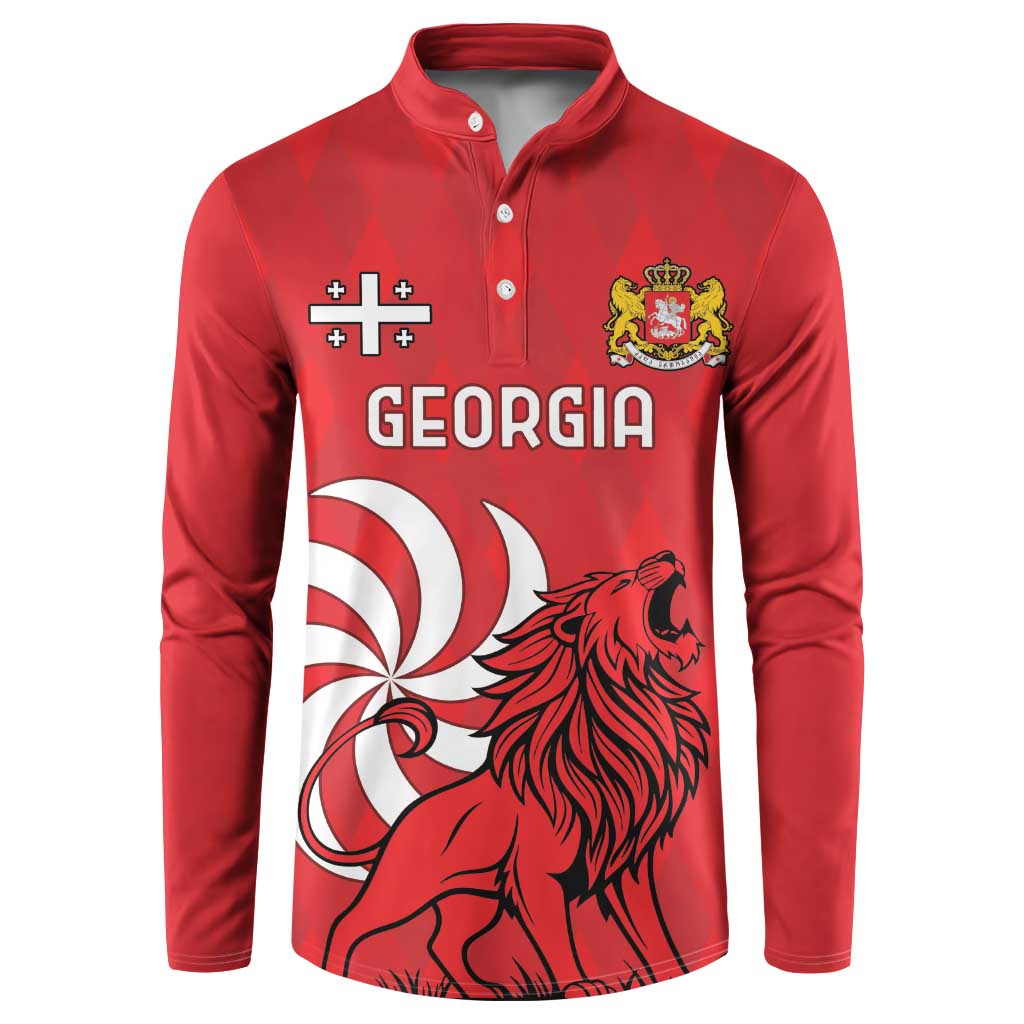Red button henley sweatshirt front with Georgia lion and crest emblem graphic