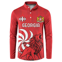 Red button henley sweatshirt front with Georgia lion and crest emblem graphic