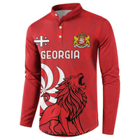 Red button henley sweatshirt with Georgia lion and crest graphic on front