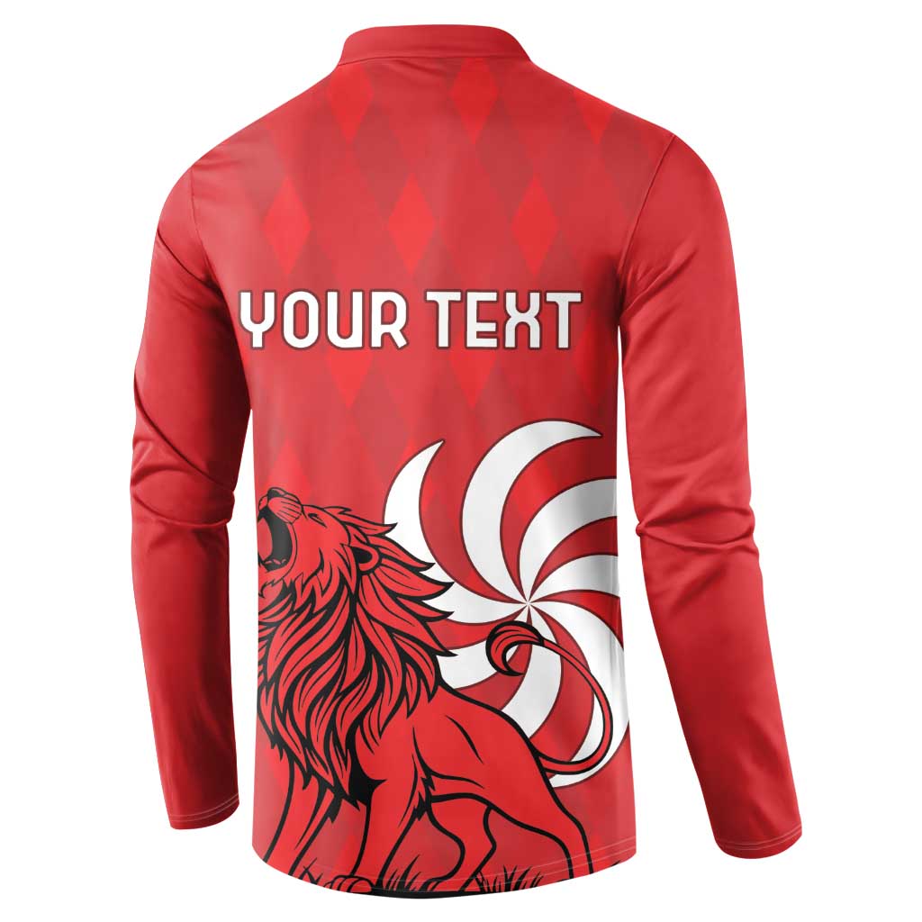 Red button henley sweatshirt back with YOUR TEXT and lion swirl graphic