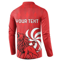 Red button henley sweatshirt back with YOUR TEXT and lion swirl graphic