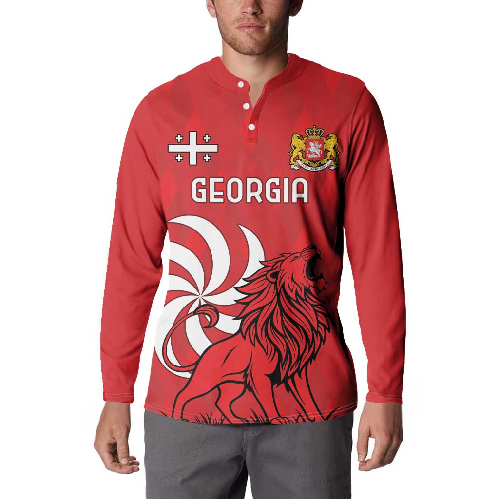 Red button henley sweatshirt worn by model; front Georgia lion and crest graphic