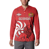 Red button henley sweatshirt worn by model; front Georgia lion and crest graphic
