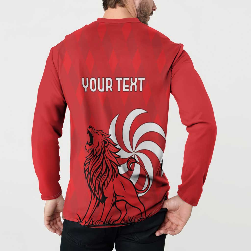 Red button henley sweatshirt back on model with YOUR TEXT and lion swirl graphic