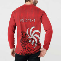 Red button henley sweatshirt back on model with YOUR TEXT and lion swirl graphic