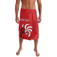 Red personalized swim shorts with bold lion graphic and 'YOUR TEXT' print, elastic waistband