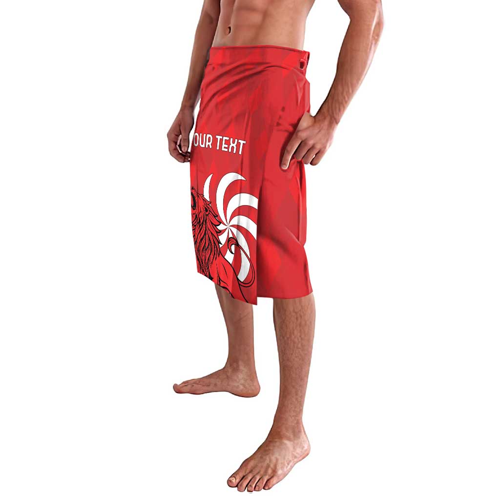 Red personalized swim shorts with lion graphic and 'YOUR TEXT' print, front angled view