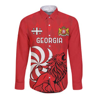 Red long-sleeve button shirt, front lion graphic with crown and Georgia lettering