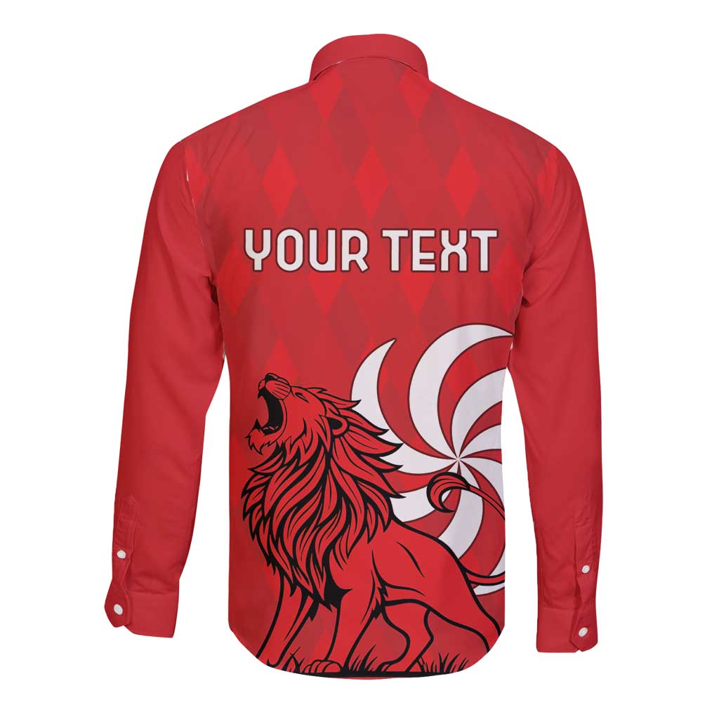 Red long-sleeve button shirt, back YOUR TEXT and lion graphic
