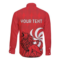 Red long-sleeve button shirt, back YOUR TEXT and lion graphic
