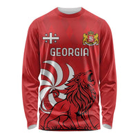 Red long sleeve shirt with Georgia text and lion crest graphic, crew neck