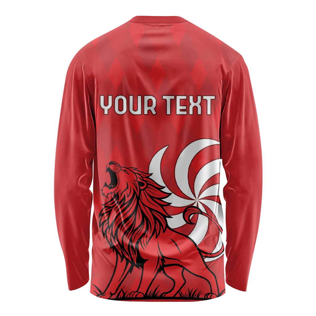 Red long sleeve shirt back with 'YOUR TEXT' and lion graphic, crew neck