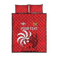 Red quilt bed set, quilted cover and two pillowcases; lion graphic with 'YOUR TEXT'.