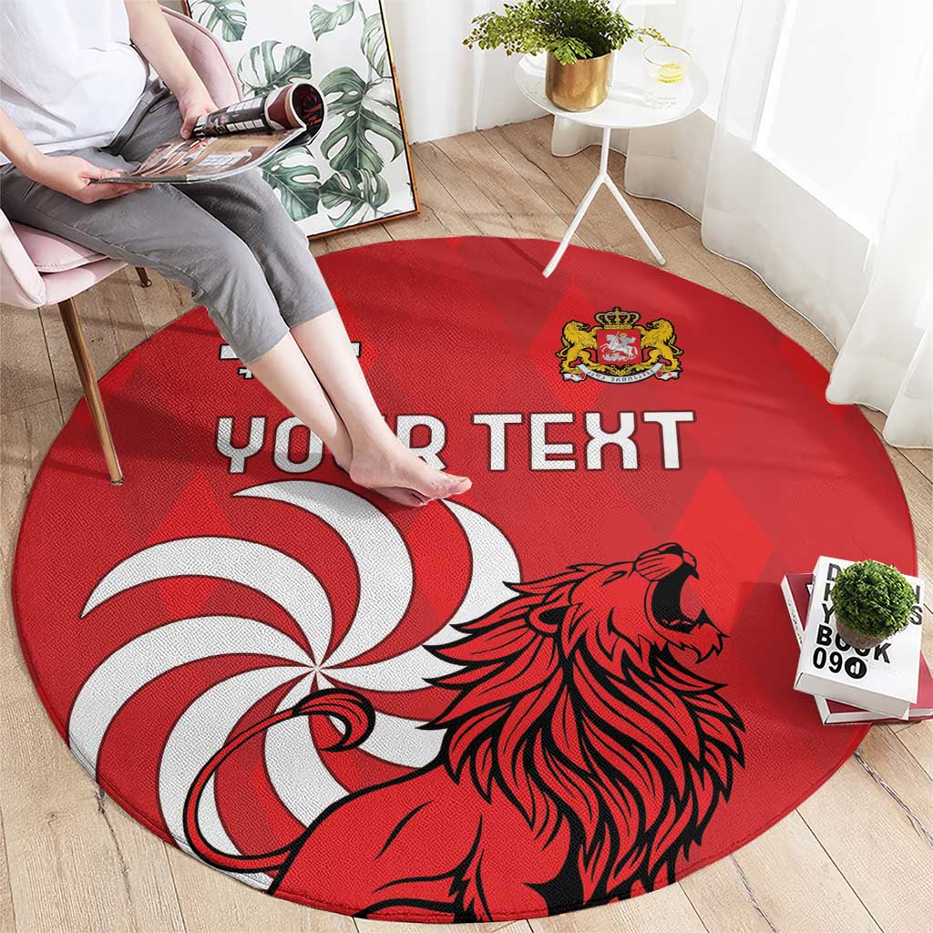 Red round area rug with lion illustration and crest, custom 'YOUR TEXT' graphic