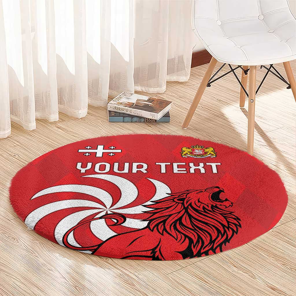 Red round area rug with lion head graphic and crest, 'YOUR TEXT' custom text