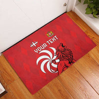 Red rubber doormat showing “Your Text” with white lion head graphic