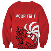 Red unisex sweatshirt with Your Text back print and lion with swirl design
