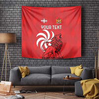 Red personalized tapestry with lion emblem, crest, and 'YOUR TEXT' print