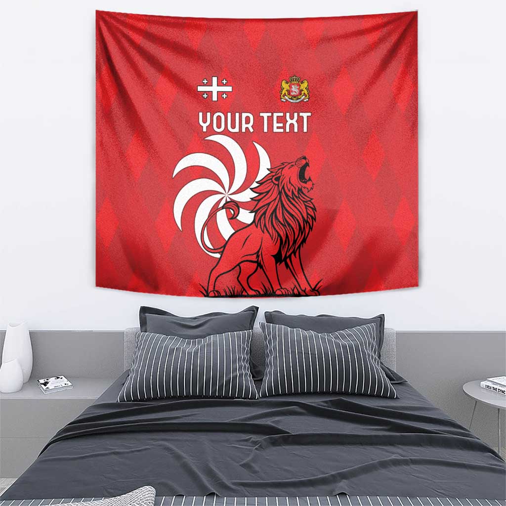 Red lion emblem wall tapestry with 'YOUR TEXT' lettering and crest icon